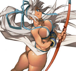 Rule 34 | 1girl, ass, bandage over one eye, blue eyes, bow (weapon), breasts, cleavage, dark-skinned female, dark skin, eyepatch, gloves, highres, large breasts, long hair, looking at viewer, looking back, majikina mina, open mouth, partially fingerless gloves, ponytail, samurai spirits, sarong, side-tie skirt, simple background, snk, tan, thong, weapon, white background, white hair, white sarong, ysk!
