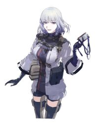 Rule 34 | 1girl, absurdres, arcadia25, black shorts, breasts, girls&#039; frontline, gloves, highres, large breasts, load bearing vest, name tag, purple eyes, rpk-16 (girls&#039; frontline), short hair, shorts, simple background, smile, tactical clothes