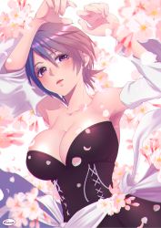 Rule 34 | 1girl, aqua (kingdom hearts), armpits, arms up, bare shoulders, black dress, blue hair, blush, breasts, cherry blossoms, chromatic aberration, cleavage, collarbone, detached sleeves, dress, female focus, fingernails, floral background, flower, hair between eyes, kingdom hearts, kingdom hearts birth by sleep, large breasts, lips, looking at viewer, nail polish, neck, open mouth, petals, pink eyes, pink flower, short hair, solo, strapless, strapless dress, tamaki (tmk-poison), white detached sleeves, wide sleeves