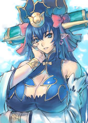 Rule 34 | 1girl, bare shoulders, blue eyes, blue hair, bow, bracelet, breast hold, breasts, cleavage, cleavage cutout, clothing cutout, detached sleeves, earrings, hair bow, hand on own face, headdress, horns, huge breasts, jewelry, long hair, matching hair/eyes, monster girl, nail polish, nayuta (shinrabanshou), pointy ears, ran&#039;ou (tamago no kimi), red nails, scroll, shinrabanshou, smile, solo