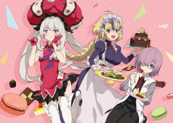Rule 34 | 3girls, :d, apron, asao (vc), black shirt, black skirt, blonde hair, blue dress, blush, braid, braided ponytail, breasts, cake, chocolate, chocolate cake, cleavage, closed mouth, collared shirt, commentary request, cookie, dress, eating, fate/apocrypha, fate/grand order, fate (series), food, glasses, gloves, grey hair, hair between eyes, hair over one eye, happy, hat, headpiece, highres, holding, holding food, hood, hooded jacket, jacket, jeanne d&#039;arc (fate), jeanne d&#039;arc (ruler) (fate), juliet sleeves, large breasts, large hat, long hair, long sleeves, macaron, maid headdress, marie antoinette (fate), mash kyrielight, mousse (food), multiple girls, necktie, open mouth, pink background, pink hair, plate, puffy sleeves, purple eyes, red dress, red gloves, red neckwear, shirt, short hair, skirt, sleeveless, sleeveless dress, small breasts, smile, strawberry shortcake, thighhighs, twintails, very long hair, wing collar