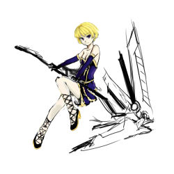 Rule 34 | 1girl, bare shoulders, blonde hair, bob cut, bow (weapon), breasts, cleavage, corset, cross-laced sandals, eirene (oniro), elbow gloves, frilled skirt, frills, gloves, high heels, highres, huge weapon, oniro, original, pas (paxiti), purple eyes, sandals, shoes, short hair, sketch, skirt, solo, weapon, unfinished