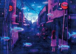 Rule 34 | 1girl, air bubble, brown hair, bubble, building, facing away, fish, flying fish, lamppost, long hair, neon palette, original, power lines, road, road sign, satomi kazunori, scenery, shirt, sign, solo, standing, stop sign, street, underwater city, utility pole, window