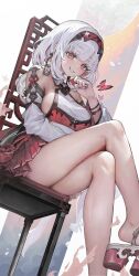 Rule 34 | 1girl, blush, breasts, bug, butterfly, chair, clenched teeth, commentary, crossed legs, detached sleeves, foot out of frame, hairband, highres, insect, japanese clothes, large breasts, legs, looking at viewer, on chair, original, red eyes, red hairband, short hair, sitting, smile, solo, symbol-only commentary, tabi, teeth, voruvoru, white hair, white sleeves