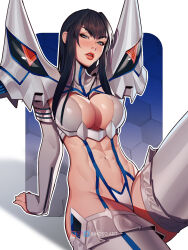 Rule 34 | 1girl, abs, arm support, armor, black hair, blue eyes, breasts, garter straps, hair intakes, highres, inhoso, kill la kill, kiryuuin satsuki, large breasts, lips, long hair, looking at viewer, navel, parted lips, pauldrons, shoulder armor, sidelocks, sitting, skindentation, solo, thick eyebrows, thighhighs