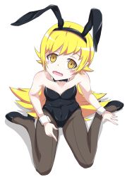 Rule 34 | 1girl, animal ears, black pantyhose, blonde hair, blush, blush stickers, breasts, covered navel, equus ignis, fake animal ears, fang, from above, high heels, highres, leotard, long hair, looking at viewer, looking up, monogatari (series), navel, oshino shinobu, pantyhose, playboy bunny, pointy ears, rabbit ears, simple background, sitting, small breasts, solo, white background, wrist cuffs, yellow eyes