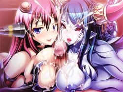 Rule 34 | 1boy, 2girls, between breasts, blue skin, grabbing another&#039;s breast, breasts, censored, claws, colored skin, cum, f.s., game cg, gia, grabbing, horns, large breasts, long hair, mosaic censoring, multiple girls, cooperative paizuri, nail polish, nipples, paizuri, penis, pointy ears, pov, tail, teamwork, violated hero, wings