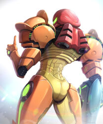 Rule 34 | 1girl, arm cannon, armor, artist name, bloom, commentary request, cowboy shot, facing away, full armor, gonzarez, hand up, helmet, highres, light particles, metroid, metroid prime, nintendo, power armor, power suit, power suit (metroid), samus aran, science fiction, solo, standing, thumbs up, twitter username, visor (armor), weapon