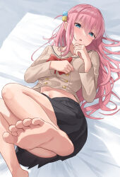 Rule 34 | 1girl, barefoot, bed sheet, black skirt, blue eyes, blush, bocchi the rock!, bow, bowtie, breasts, brown sailor collar, brown shirt, commentary request, cube hair ornament, feet, foot focus, foot out of frame, foreshortening, gotoh hitori, hair between eyes, hair ornament, hand on own chest, hand up, highres, leg up, legs, long hair, long sleeves, looking at viewer, lying, medium breasts, midriff peek, namiyamako, navel, on back, on bed, one side up, open mouth, pink hair, pleated skirt, red bow, red bowtie, sailor collar, school uniform, serafuku, shirt, skirt, soles, solo, stomach, toes