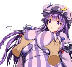Rule 34 | 1girl, blue bow, blunt bangs, bow, breasts, capelet, covered navel, crescent, crescent hair ornament, deep skin, dress, ebi 193, grabbing, grabbing another&#039;s breast, hair bow, hair ornament, hat, huge breasts, long hair, mob cap, patchouli knowledge, purple eyes, purple hair, red bow, simple background, solo, solo focus, striped clothes, striped dress, touhou, upper body, vertical-striped clothes, vertical-striped dress, very long hair, white background