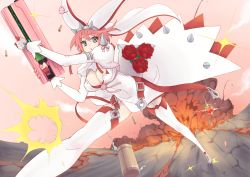 Rule 34 | 1girl, arc system works, atto youhei, breasts, bullet, cleavage, clover, dress, elphelt valentine, explosion, flower, food, fruit, gloves, green eyes, guilty gear, guilty gear xrd, gun, hat, large breasts, pink hair, red hair, rose, running, shell casing, solo, strawberry, thighhighs, weapon, wedding dress