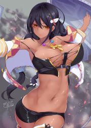 Rule 34 | 1girl, areola slip, azur lane, belt, black hair, black shorts, braid, breasts, bustier, crop top, dark-skinned female, dark skin, dated, feather hair ornament, feathers, hair between eyes, hair ornament, huge breasts, jewelry, long hair, long torso, looking at viewer, native american, navel, necklace, orange eyes, outstretched arms, reku hisui, short shorts, shorts, smoke, solo, south dakota (azur lane), stomach, thighhighs, underbust, very long hair, vest