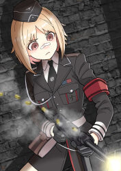 Rule 34 | aiguillette, armband, bandaid, bandaid on face, bandaid on nose, belt, black gloves, black jacket, black necktie, blonde hair, breasts, brick wall, brown eyes, casing ejection, closed mouth, collared shirt, commentary request, cross, finger on trigger, firing, garrison cap, gear (gearba50), girls&#039; frontline, gloves, gun, half gloves, hat, highres, holding, holding weapon, iron cross, jacket, long sleeves, medium breasts, medium hair, military hat, military uniform, mp40, mp40 (girls&#039; frontline), necktie, pouch, red armband, shell casing, shirt, submachine gun, uniform, upper body, weapon, white shirt