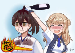 Rule 34 | 2girls, akashieru, alcohol, artist logo, black hair, blue neckerchief, bottle, brown eyes, closed eyes, commentary request, drunk, fire, hair bun, japanese clothes, kaga (kancolle), kantai collection, light brown hair, multiple girls, neckerchief, one-hour drawing challenge, pouring, ranger (kancolle), shirt, side ponytail, translation request, two-tone shirt, upper body, white shirt, wine