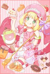 Rule 34 | 1girl, amitie (puyopuyo), blonde hair, blush stickers, bow, cake, cake slice, character name, checkerboard cookie, cookie, donguri gaeru, doughnut, food, fruit, green eyes, happy birthday, heart, heart-shaped cookie, heart in mouth, highres, honey, jazz grace, licking lips, macaron, pie, pie slice, pink footwear, pink headwear, pink shirt, puffy short sleeves, puffy shorts, puffy sleeves, purple bow, puyopuyo, puyopuyo fever, puyopuyo quest, shirt, short sleeves, shorts, signature, strawberry, strawberry hat ornament, striped clothes, striped shorts, striped thighhighs, thighhighs, tongue, tongue out, vertical-striped clothes, vertical-striped shorts