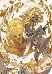 Rule 34 | 1girl, absurdres, anklet, bare legs, bare shoulders, barefoot, blonde hair, bow (music), closed mouth, curly hair, dark-skinned female, dark skin, floating, gold, highres, holding, holding bow (music), holding instrument, instrument, jewelry, lion, looking at viewer, medium hair, nail polish, original, ototoi (eevees813), solo, violin, white dres, yellow eyes, yellow nails