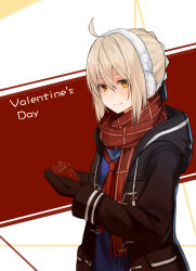 Rule 34 | 1girl, ahoge, artoria pendragon (all), artoria pendragon (fate), box, braid, brown scarf, closed mouth, coat, duffel coat, earmuffs, fate (series), fringe trim, gift, hair between eyes, heart-shaped box, highres, holding, holding gift, looking at viewer, mittens, mizu (dl7613), mysterious heroine x alter (fate), mysterious heroine x alter (first ascension) (fate), neckerchief, open clothes, open coat, plaid, plaid scarf, red neckerchief, saber (fate), scarf, school uniform, serafuku, short hair with long locks, sidelocks, smile, solo, upper body, valentine, yellow eyes