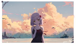 Rule 34 | 1girl, bird, black dress, blush, border, braid, cloud, cloudy sky, commentary request, dated, day, dress, flower, genshin impact, green eyes, hair flower, hair ornament, highres, looking at viewer, noelle (genshin impact), outdoors, parted lips, red flower, short hair, silver hair, sky, sleeveless, sleeveless dress, solo, yajuu