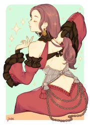 Rule 34 | 1girl, artist name, brown hair, chain, closed mouth, detached sleeves, dorothea arnault, earrings, closed eyes, fire emblem, fire emblem: three houses, from behind, jewelry, jivke, long hair, looking to the side, nintendo, simple background, sitting, solo