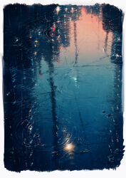 Rule 34 | brush stroke, building, cola (gotouryouta), evening, highres, lamppost, no humans, original, pavement, power lines, rain, reflection, reflective water, ripples, road, street, sunset, tiles, urban, utility pole, water, water drop, wet pavement