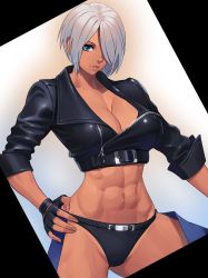 Rule 34 | 1girl, abs, angel (kof), belt, black panties, blue eyes, breasts, chaps, cleavage, cowboy shot, cropped jacket, fingerless gloves, gloves, hair over one eye, hand on own hip, highres, jacket, leather, looking at viewer, midriff, navel, ogami, panties, revealing clothes, short hair, silver hair, simple background, solo, standing, the king of fighters, toned, underwear, zipper