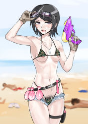 Rule 34 | 1girl, akisora, areola slip, arm up, beach, belt, bikini, black hair, blurry, blurry background, breasts, brown gloves, camouflage, camouflage bikini, commentary request, condom, condom belt, cum, cum in mouth, cum on body, cum on breasts, cum on clothes, cum on tongue, cum on upper body, danganronpa: trigger happy havoc, danganronpa (series), facial, female pubic hair, gloves, gun, hand up, highres, holding, holding water gun, holster, ikusaba mukuro, jewelry, looking at viewer, lying, micro shorts, multiple condoms, navel piercing, necklace, nipples, ocean, on back, on stomach, open mouth, people, piercing, pubic hair, shorts, solo focus, standing, swimsuit, thigh holster, tongue, tongue out, used condom, water gun, weapon