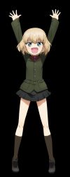 Rule 34 | &gt;:d, 10s, 1girl, :d, arms up, black footwear, black skirt, black socks, blonde hair, blush, buttons, fang, full body, girls und panzer, green jacket, highres, jacket, katyusha (girls und panzer), kneehighs, loafers, long sleeves, miniskirt, official art, open mouth, outstretched arms, pleated skirt, shoes, short hair, skirt, smile, socks, solo, standing, tiptoes, transparent background, v-shaped eyebrows, waifu2x