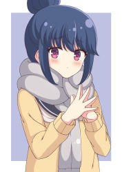 Rule 34 | 1girl, bad id, bad pixiv id, black sailor collar, blue hair, blush, border, closed mouth, commentary, fingers together, frown, grey scarf, hair bun, highres, long sleeves, looking at viewer, outside border, purple background, purple eyes, sailor collar, scarf, school uniform, shima rin, shirt, short hair, simple background, single hair bun, solo, steepled fingers, sweater, upper body, white border, white shirt, yellow sweater, yurucamp, zeta (24904340)