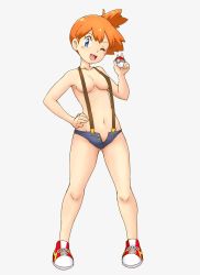 Rule 34 | 1girl, bare arms, bare shoulders, blush, breasts, collarbone, cowboy shot, creatures (company), denim, denim shorts, game freak, green eyes, highres, looking at viewer, medium breasts, misty (pokemon), naked suspenders, navel, nintendo, open fly, open mouth, orange hair, pokemon, pokemon (anime), pokemon (classic anime), shorts, simple background, smile, solo, standing, suspenders, teeth, tof, topless, upper teeth only, white background