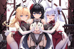 Rule 34 | 2023, 3girls, :q, absurdres, after paizuri, animal ears, asymmetrical docking, bare shoulders, between legs, black hair, black thighhighs, blonde hair, blue eyes, bow, breast press, breast tattoo, breasts, china dress, chinese clothes, cleavage, closed mouth, covered navel, cum, cum on body, cum on breasts, cum on upper body, cumdrip, double bun, dress, elbow gloves, fake animal ears, fake tail, framed breasts, garter straps, gloves, hair bow, hair bun, hair ornament, hairband, hairclip, half updo, hand between legs, heart, heart hands, heart hands duo, highres, k.t.cube, large breasts, leg up, multiple girls, naughty face, no panties, no shoes, open mouth, original, panty straps, pantyhose, pelvic curtain, pink eyes, ponytail, rabbit ears, rabbit tail, red dress, see-through, see-through cleavage, skindentation, sleeveless, sleeveless dress, smile, smug, tail, tassel, tattoo, thighhighs, thighs, tongue, tongue out, white dress, white gloves, white hair, white pantyhose, white thighhighs