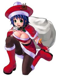 Rule 34 | 1girl, blue hair, blush, boots, breasts, bridal gauntlets, capelet, christmas, cleavage, collar, crotch seam, green eyes, hat, large breasts, mizuki gyokuran, panties, panties under pantyhose, pantyhose, pantyshot, sack, santa boots, santa costume, short hair, simple background, solo, underwear, white background