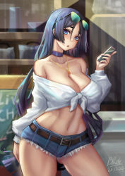 Rule 34 | 1girl, aviator sunglasses, bare shoulders, belt, blue eyes, blue shorts, breasts, cellphone, choker, cleavage, collarbone, contemporary, cutoffs, denim, denim shorts, eyewear on head, fate/grand order, fate (series), highres, jewelry, large breasts, long hair, long sleeves, looking at viewer, midriff, minamoto no raikou (fate), navel, necklace, off shoulder, open mouth, parted bangs, pendant, phone, purple hair, qblade, shirt, short shorts, shorts, sunglasses, thighs, tied shirt, very long hair, white shirt