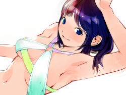 Rule 34 | 1girl, arm up, armpits, bikini, blue eyes, breasts, from above, gradient hair, igarashi mangou, lips, multicolored hair, o-ring, o-ring top, original, purple hair, red hair, short hair, simple background, solo, swimsuit