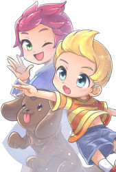 Rule 34 | 1boy, 1girl, blonde hair, blue eyes, commentary request, dog, green eyes, highres, kumatora, looking at viewer, lucas (mother 3), mother (game), mother 3, nintendo, one eye closed, open mouth, pink hair, shirt, short hair, simple background, smile, striped clothes, striped shirt, white background