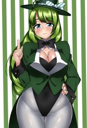 Rule 34 | 10s, 1girl, absurdres, black leotard, blue eyes, bow, bowtie, braid, breasts, cleavage, curvy, detached collar, eyebrows, green hair, green jacket, grey pantyhose, hand on own hip, hat, highres, jacket, jewelry, kantai collection, large breasts, leotard, leotard under clothes, long hair, looking at viewer, magician, mole, mole under mouth, navel, pantyhose, playboy bunny, ribbon, ring, ryokutoosu, single braid, smile, solo, striped, striped background, thigh gap, top hat, vertical stripes, very long hair, wedding band, wedding ring, wide hips, yuugumo (kancolle)