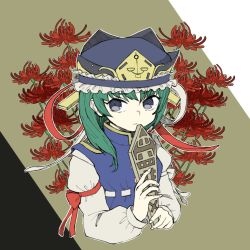 Rule 34 | 1girl, arm ribbon, bad id, bad twitter id, blue eyes, closed mouth, fingernails, flower, frilled hat, frills, green hair, hat, holding, long sleeves, looking at viewer, red ribbon, ribbon, sasa kichi, shiki eiki, short hair, solo, spider lily, touhou, upper body