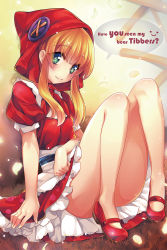 Rule 34 | 1girl, annie (league of legends), apron, blonde hair, buttons, cape, dress, english text, full body, green eyes, hood, hooded cape, league of legends, legs, long hair, looking at viewer, mary janes, mikanneko, no socks, oversized button, red cape, red dress, red footwear, red hood, red skirt, shoes, sitting, skirt, smile, solo