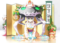 Rule 34 | 10s, 2girls, abyssal ship, alternate costume, around corner, emerane, fangs, floral print, green eyes, ha-class destroyer, happy new year, hat, horns, japanese clothes, kadomatsu, kagami mochi, kantai collection, kimono, long sleeves, multiple girls, new year, northern ocean princess, obi, reppuu (kancolle), sash, seiza, sign, silver hair, sitting, tentacles, translation request, v arms, wide sleeves, wo-class aircraft carrier, yellow eyes