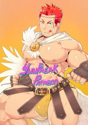 Rule 34 | 1boy, :p, absurdres, ancient greek clothes, bara, blue eyes, bulge, cape, cowboy shot, facial hair, greco-roman clothes, heterochromia, highres, large pectorals, male focus, muscular, nipples, pectorals, pollux (housamo), red hair, short hair, simple background, solo, thick thighs, thighs, tokyo houkago summoners, tongue, tongue out, yellow eyes, yuufreak