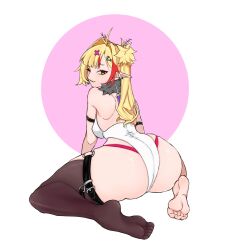 Rule 34 | ahoge, all fours, armband, ass, asymmetrical legwear, bare shoulders, blonde hair, breasts, chinese commentary, circle, collar, commentary, earrings, fang, feet, from behind, fur trim, green eyes, highleg, highleg leotard, highres, huge ass, indie virtual youtuber, jewelry, leotard, long hair, looking at viewer, looking back, medium breasts, multicolored hair, on floor, one eye closed, original, panties under leotard, piemia1111, pointy ears, red hair, sideboob, sidelocks, simple background, sitting, soles, thick thighs, thigh strap, thighs, thong leotard, toe scrunch, two-tone hair, twoyun25, virtual youtuber, wariza, white background, white leotard, wide hips, wink