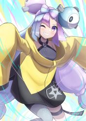 Rule 34 | bow-shaped hair, character hair ornament, creatures (company), game freak, grey pantyhose, hair ornament, hexagon print, highres, iono (pokemon), jacket, long hair, low-tied long hair, mu-to, multicolored hair, nintendo, oversized clothes, pantyhose, pokemon, pokemon sv, sharp teeth, single leg pantyhose, sleeves past fingers, sleeves past wrists, split-color hair, star (symbol), star in eye, symbol in eye, teeth, very long sleeves, x, yellow jacket