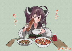 Rule 34 | 1girl, ahoge, blush, bowl, brown hair, dated, food, food request, green background, hair between eyes, headgear, holding, holding bowl, holding food, japanese clothes, kimono, lamb (hitsujiniku), long sleeves, looking at viewer, obi, one eye closed, parted lips, plate, sash, solo, table, touhoku kiritan, translation request, twintails, v-shaped eyebrows, voiceroid, white kimono, wide sleeves