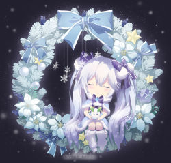 Rule 34 | 1girl, artist name, bare arms, black background, blue capelet, blue dress, blue ribbon, blush, capelet, carrying, christmas, closed eyes, closed mouth, commentary request, dress, facing viewer, flower, fur-trimmed capelet, fur trim, hair between eyes, hair ribbon, hatsune miku, head tilt, highres, jokanhiyou, kneehighs, light particles, light smile, long hair, pom pom (clothes), purple ribbon, ribbon, shoes, sidelocks, sitting, snow rabbit, snowflakes, socks, solo, star (symbol), twintails, very long hair, vocaloid, white flower, white footwear, white hair, white socks, wreath