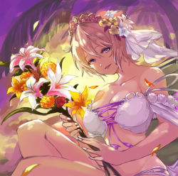 Rule 34 | 1girl, bare shoulders, bikini, bikini top only, blonde hair, blue eyes, blush, breasts, cleavage, collarbone, europa (granblue fantasy), europa (summer) (granblue fantasy), flower, granblue fantasy, hair between eyes, hair flower, hair ornament, large breasts, lily (flower), looking at viewer, nail polish, nos, open mouth, palm tree, petals, purple eyes, short hair, smile, solo, sunset, swimsuit, tiara, tree, white bikini, white nails