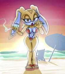 Rule 34 | 1girl, aged up, animal nose, backlighting, bare shoulders, beach, beach chair, beach umbrella, blonde hair, body fur, breasts, cameltoe, cleft of venus, cocktail, cocktail glass, collarbone, covered erect nipples, cream the rabbit, cup, drink, drinking glass, fellatio gesture, female focus, full body, furry, furry female, gradient sky, groin, half-closed eyes, hands up, heel up, holding, holding drink, holding drinking glass, horizon, legs, legs together, looking at viewer, marijuana, medium breasts, motion lines, multicolored fur, navel, ocean, one-piece swimsuit, open mouth, orange eyes, orange fur, orange sky, outdoors, red footwear, red one-piece swimsuit, red sky, rockthebull, sandals, short hair, sketch, sky, slingshot swimsuit, smoke, solo, sonic (series), standing, stomach, sun, sunlight, sunset, swimsuit, thighs, tongue, tongue out, umbrella, white fur, wide hips, yellow fur