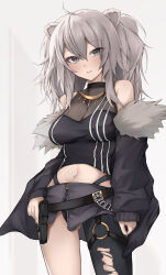 Rule 34 | 1girl, absurdres, ahoge, animal ears, bare shoulders, belt, black belt, black jacket, black nails, black pantyhose, black shirt, breasts, cleavage, copyright name, crop top, fur-trimmed jacket, fur trim, gluteal fold, grey eyes, grey hair, grey skirt, gun, hair between eyes, handgun, highres, holding, holding weapon, hololive, jacket, jewelry, large breasts, lion ears, lion girl, lion tail, long hair, long sleeves, looking at viewer, midriff, miniskirt, nail polish, navel, necklace, o-ring, o-ring thigh strap, off shoulder, open clothes, open jacket, pantyhose, see-through, see-through cleavage, shirt, shishiro botan, shishiro botan (1st costume), sidelocks, simple background, single leg pantyhose, skirt, sleeveless, sleeveless shirt, sleeves past wrists, smile, solo, standing, tail, takida 185, thigh strap, torn clothes, torn pantyhose, two side up, virtual youtuber, weapon, white background, zipper pull tab, zipper skirt