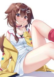Rule 34 | 1girl, :3, animal ears, arm support, bad anatomy, bare shoulders, blue bow, blush, bone hair ornament, bow, braid, breasts, brown eyes, brown hair, cartoon bone, cleavage, closed mouth, collar, collarbone, collared dress, commentary, dog ears, dog girl, dog tail, dress, fangs, fangs out, feet out of frame, hair between eyes, hair ornament, hair over shoulder, hololive, ikazu401, inugami korone, inugami korone (1st costume), jacket, knee up, long hair, medium breasts, off shoulder, open clothes, open jacket, red bow, red collar, red socks, shadow, sitting, sleeveless, sleeveless dress, socks, solo, tail, tail raised, twin braids, virtual youtuber, white background, white dress, yellow jacket