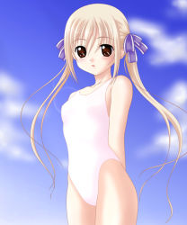 Rule 34 | 00s, 1girl, arms behind back, blonde hair, blush, breasts, brown eyes, cloud, collarbone, day, hair ribbon, hatsukoi, kakesu, long hair, looking at viewer, one-piece swimsuit, open mouth, ribbon, shiina yusumi, sky, small breasts, solo, standing, swimsuit, twintails, white one-piece swimsuit