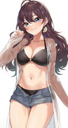Rule 34 | 1girl, ahoge, blue eyes, blush, breasts, brown hair, cleavage, closed mouth, collarbone, cowboy shot, denim, denim shorts, earrings, food-themed earrings, food themed earrings, highres, ichinose shiki, idolmaster, idolmaster cinderella girls, jewelry, kurokin, lemon earrings, long hair, long sleeves, looking at viewer, medium breasts, navel, open clothes, open fly, open shirt, open shorts, pink lips, see-through, shirt, short shorts, shorts, sleeves past wrists, smile, solo, stomach, thigh gap, thighs, wet, wet clothes, wet shirt
