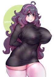 Rule 34 | 1girl, @ @, ahoge, arms behind back, artist name, bokuman, breasts, covered erect nipples, creatures (company), game freak, grin, headgear, hex maniac (pokemon), huge breasts, large breasts, long hair, looking at viewer, navel, nervous smile, nintendo, pokemon, pokemon xy, purple eyes, purple hair, skin tight, smile, solo, source request, standing, teeth, thick thighs, thighhighs, thighs, white background, zettai ryouiki